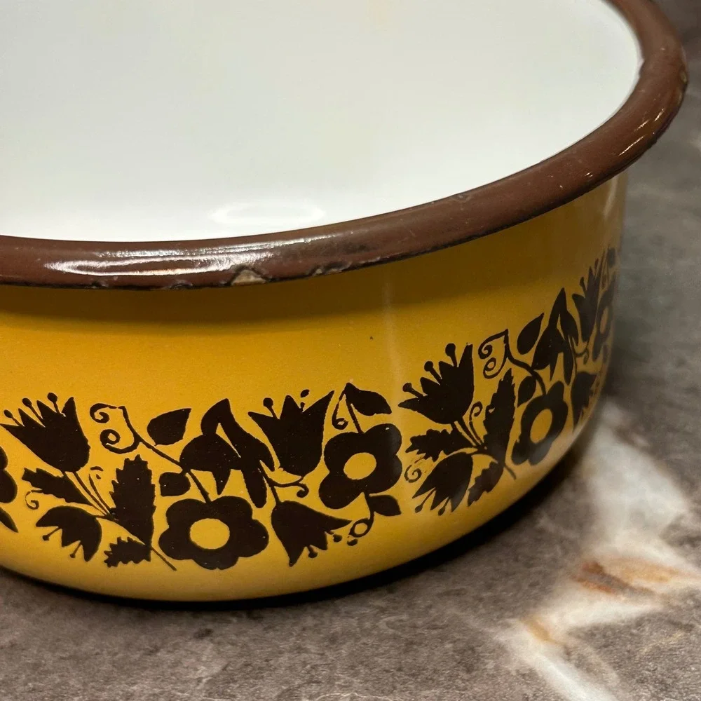 Vintage Yellow Enamelware Saucepan Brown Floral Pattern Retro Kitchen Pot 6 Inch